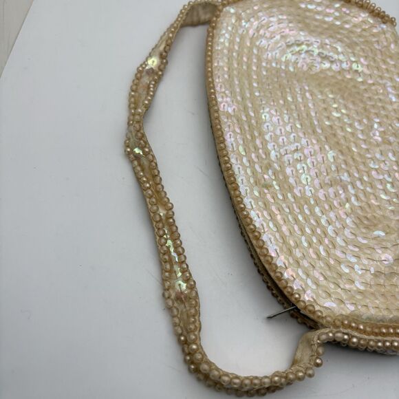 VINTAGE LA Regale Ivory Gold Sequin Beaded Evening Bag Purse Swirl Beaded Strap - Picture 4 of 7